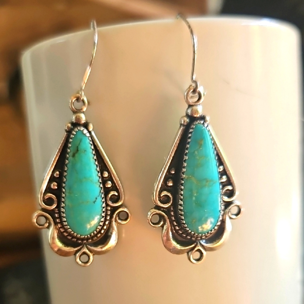 Turquoise Silver Dangle Earrings With Filagree Details